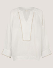 Frida V-Neck Linen Blouse, White (WHITE), large