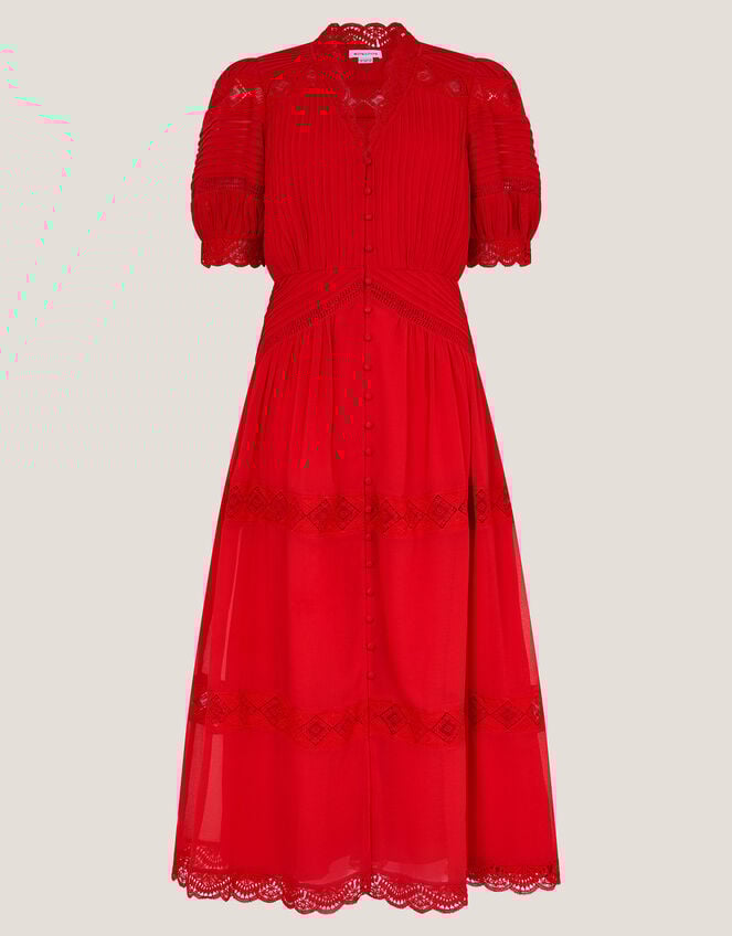 Kiana Pintuck Puff-Sleeve Midi Dress, Red (RED), large