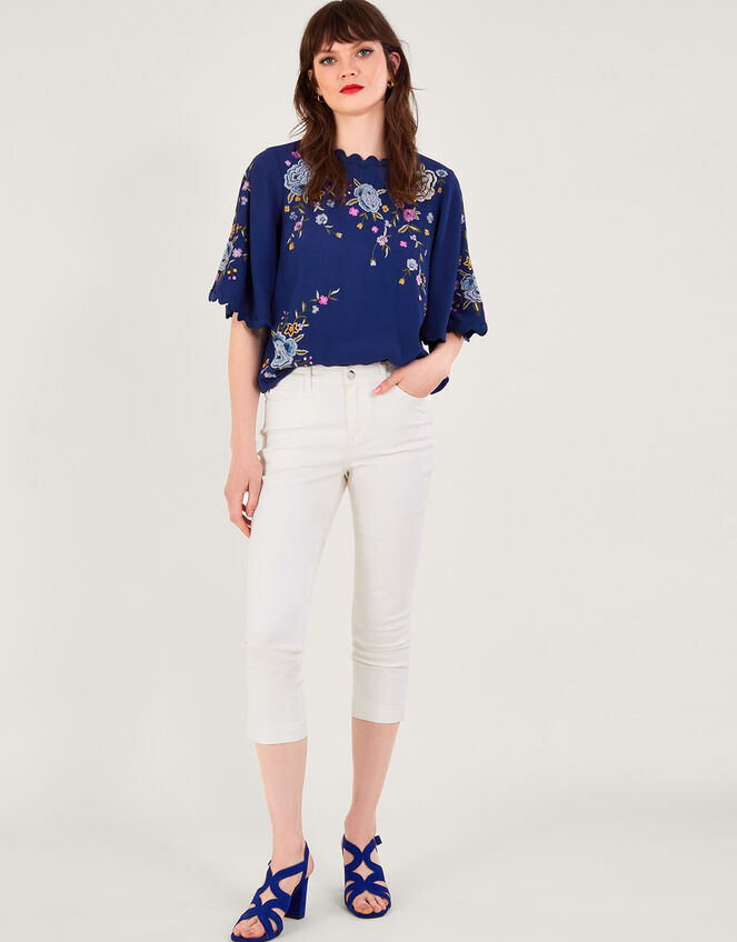 Olla Embroidered Floral Kimono Top, Blue (BLUE), large