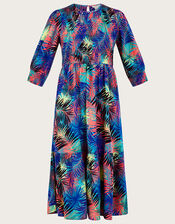 Palm Printed ¾ Sleeve Shirred Dress in LENZING™ ECOVERO™, Blue (BLUE), large