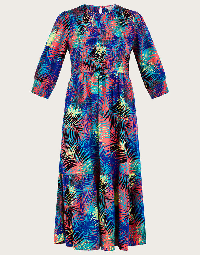 Palm Printed ¾ Sleeve Shirred Dress in LENZING™ ECOVERO™, Blue (BLUE), large