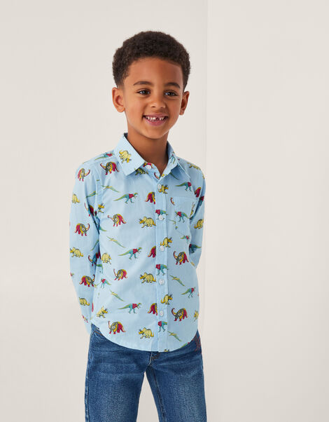 Varsity Dinosaur Print Shirt, Blue (BLUE), large