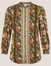 Olive Floral Print Jersey Shirt, Green (KHAKI), large