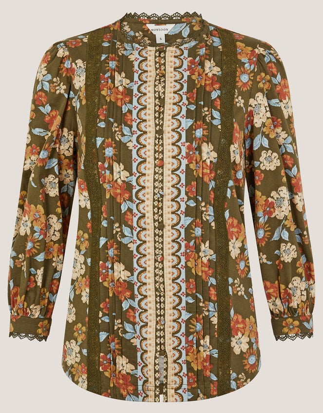 Olive Floral Print Jersey Shirt, Green (KHAKI), large