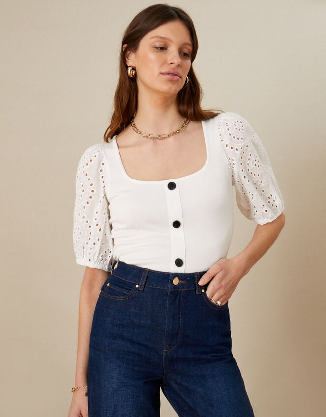 Broderie Short Sleeve Woven Jumper, Ivory (IVORY), large