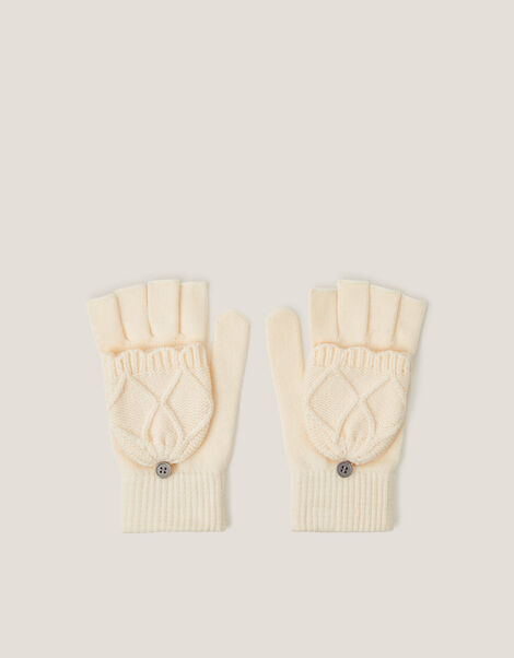 Diamond Fingerless Gloves with Mittens, Ivory (IVORY), large
