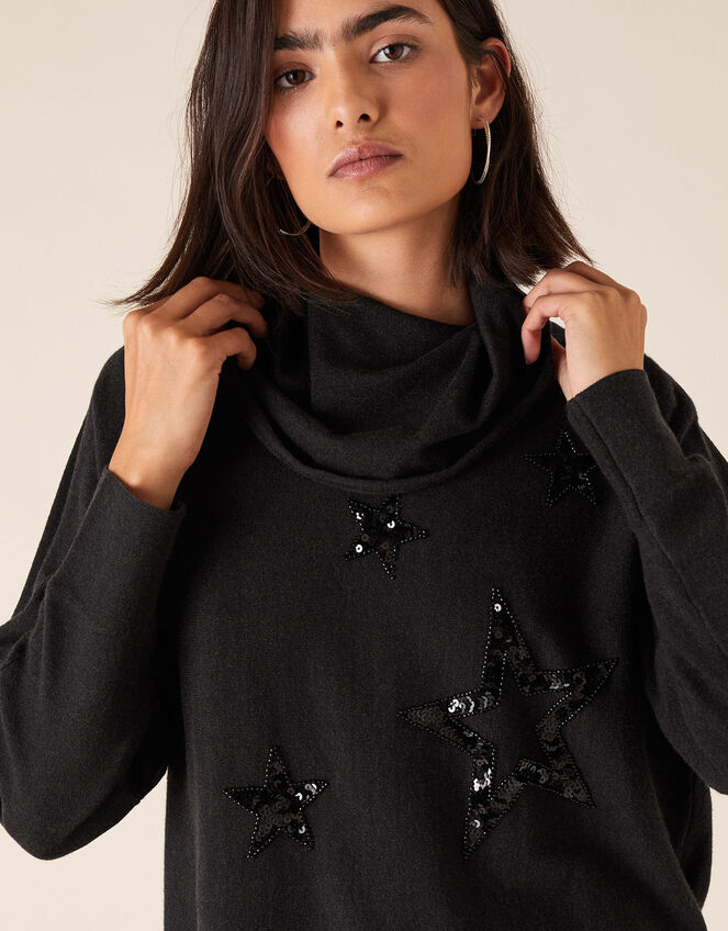 Sequin Star Roll Neck Knit Jumper, Grey (CHARCOAL), large