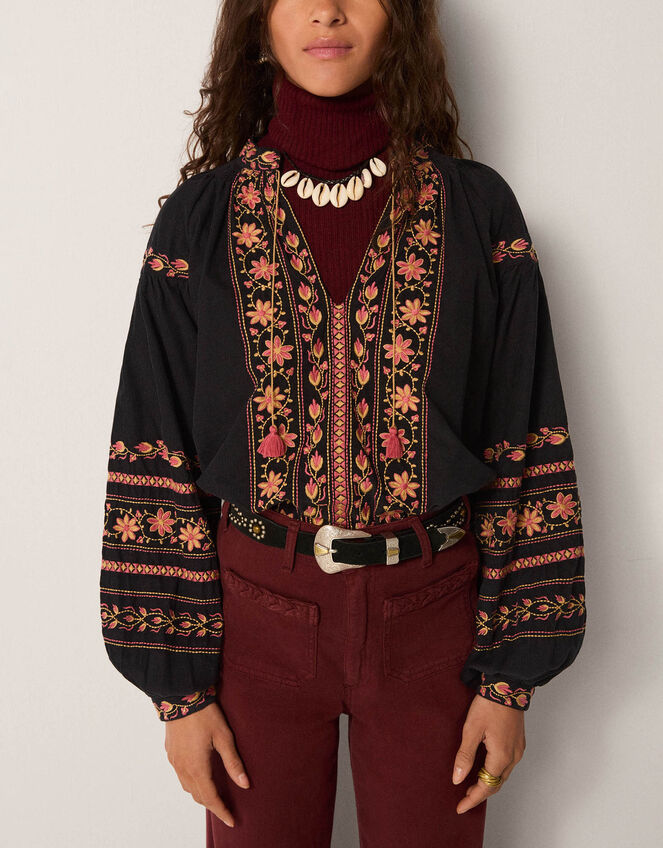 Maison Hotel Virginia Floral Embroidered Blouse, Black (BLACK), large