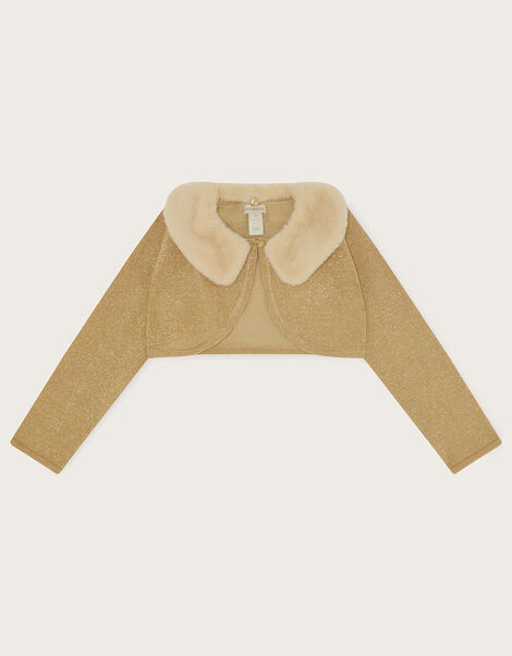 Super-Soft Faux Fur Collar Cardigan, Gold (GOLD), large