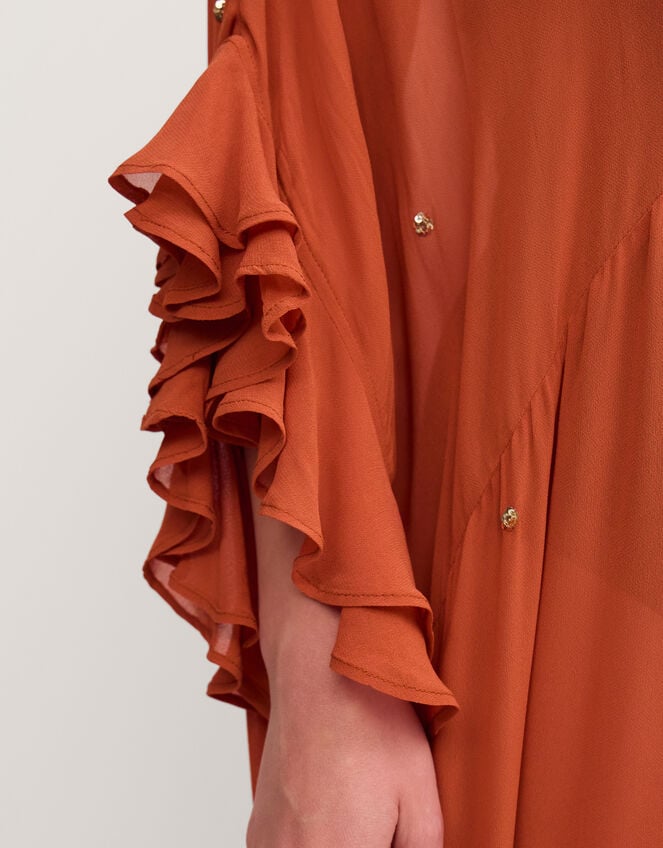 Callie Thorpe x Monsoon Embellished Ruffle Sheer Maxi Kaftan, Orange (RUST), large