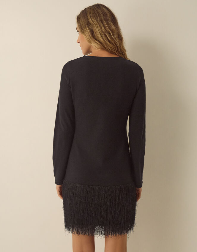 Fina Long Sleeve Knitted Fringe Mini Dress, Black (BLACK), large