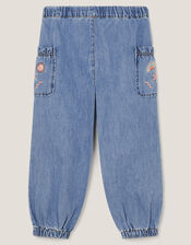 Embroidered Denim Cargo Joggers, Blue (BLUE), large