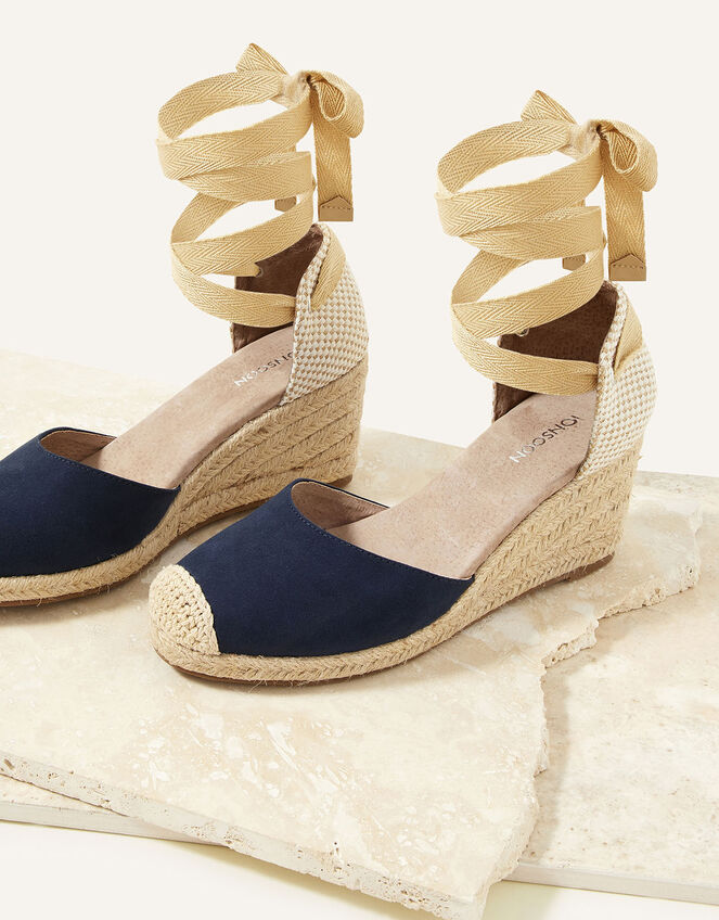 Talia Tie Suede Espadrille Wedges, Blue (NAVY), large