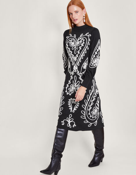 Heart Cornelli Embroidery Knit Dress, Black (BLACK), large