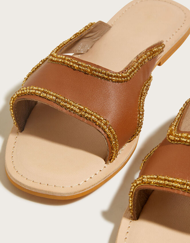 Leather Embellished Slide Sandals, Tan (TAN), large