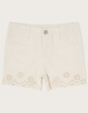 Broderie Schiffli Denim Shorts, White (WHITE), large