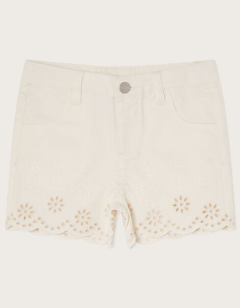 Broderie Schiffli Denim Shorts, White (WHITE), large