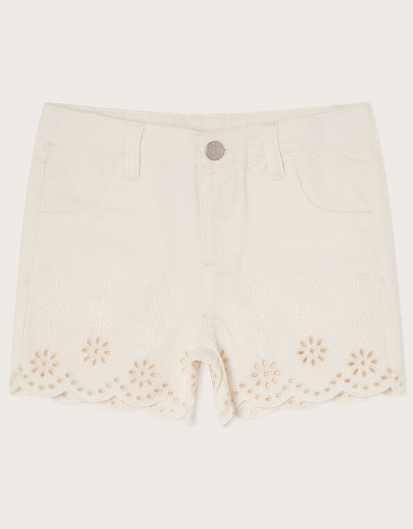 Broderie Schiffli Denim Shorts, White (WHITE), large