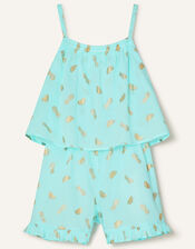 Fruit Print Frill Playsuit , Blue (TURQUOISE), large