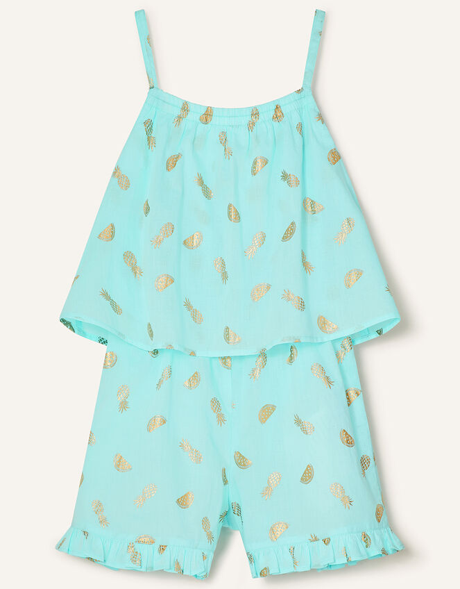 Fruit Print Frill Playsuit , Blue (TURQUOISE), large