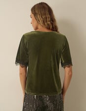 Vina Lace Trim Velvet Top, Green (KHAKI), large