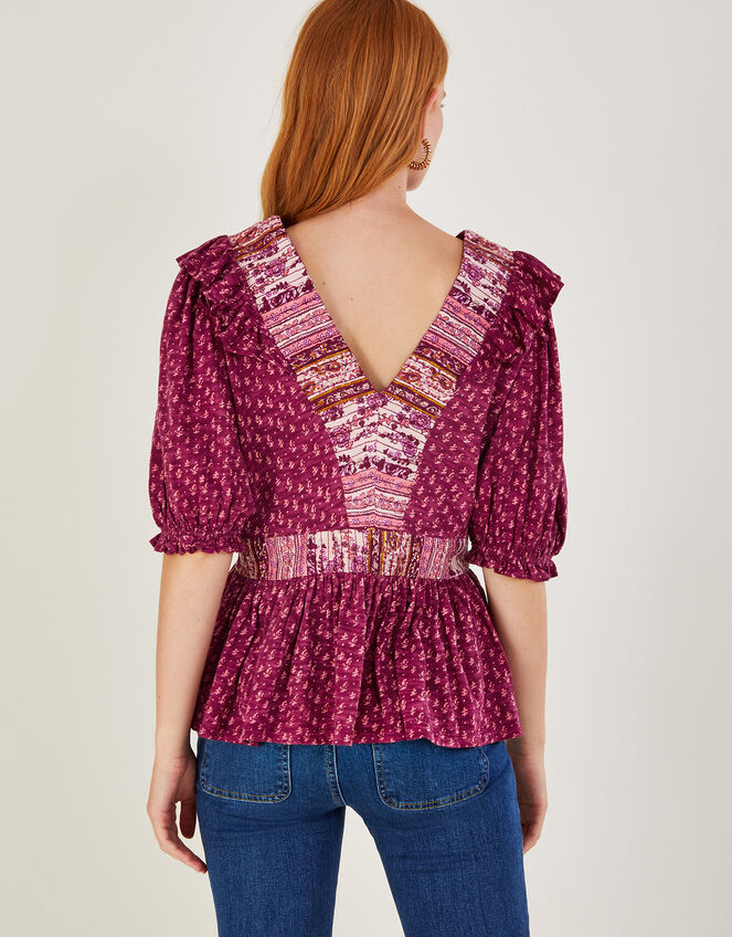 Deep V-Neck Frill Long Sleeve Jersey Top, Pink (PINK), large