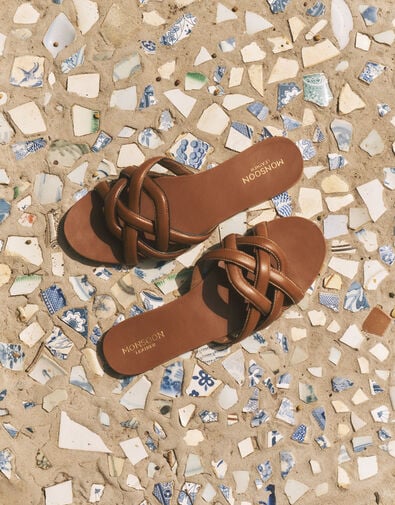 Safi Woven Leather Slide Sandals, Tan (TAN), large