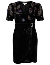 Patrice Paisley Embroidered Velvet Dress, Black (BLACK), large