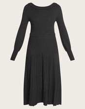 Pleat Trim Slash Neck Midi Dress, Black (BLACK), large