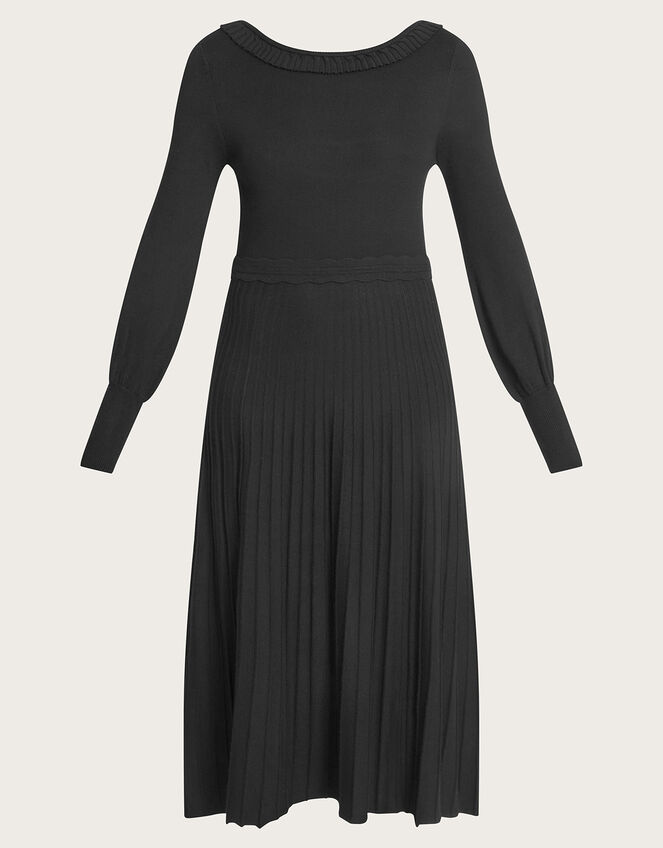 Pleat Trim Slash Neck Midi Dress, Black (BLACK), large