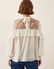 Debbie Embellished Polka Dot Ruffle Blouse, Ivory (IVORY), large
