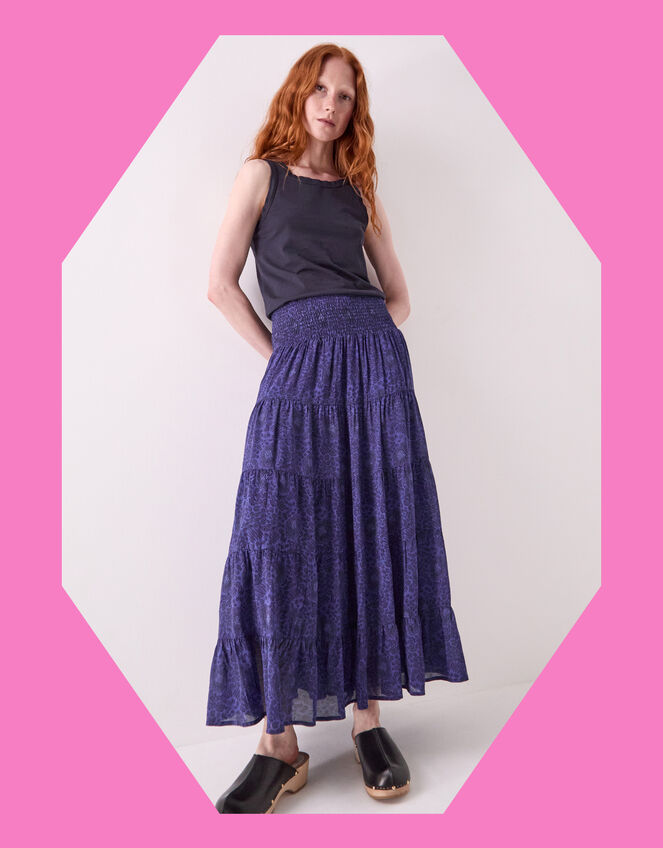 East Emelia Floral Tiered Maxi Skirt, Blue (NAVY), large