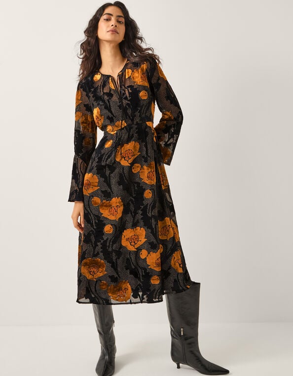 Reese Devoré Polka Dot Midi Dress, Black (BLACK), large