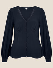 Priscilla Lace Trim Detail Top, Blue (NAVY), large