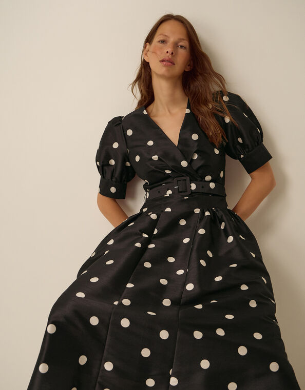 Amara Polka Dot Belted Midi Dress, Black (BLACK), large