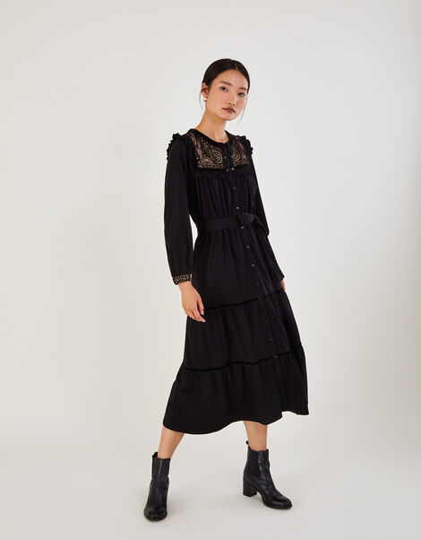 Velvet Embroidered Yoke Jersey Dress Black, Black (BLACK), large