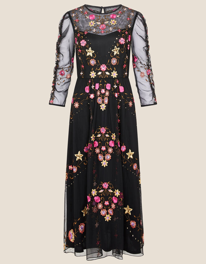 Marcia Embroidered Midi Dress, Black (BLACK), large