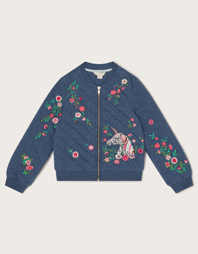Floral Unicorn Quilted Bomber Jacket, Blue (BLUE), large