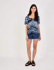 Paisley Floral Printed Square Neck Top , Blue (NAVY), large