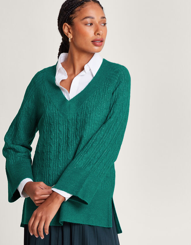 V-Neck Cable Longline Jumper with Recycled Polyester , Green (GREEN), large