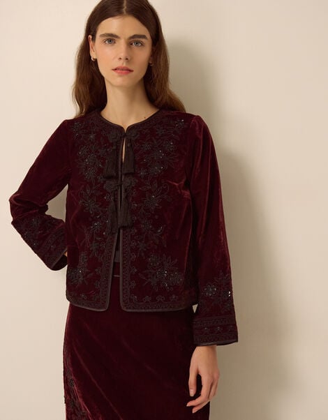 Mila Embellished Velvet Jacket, Red (BURGUNDY), large