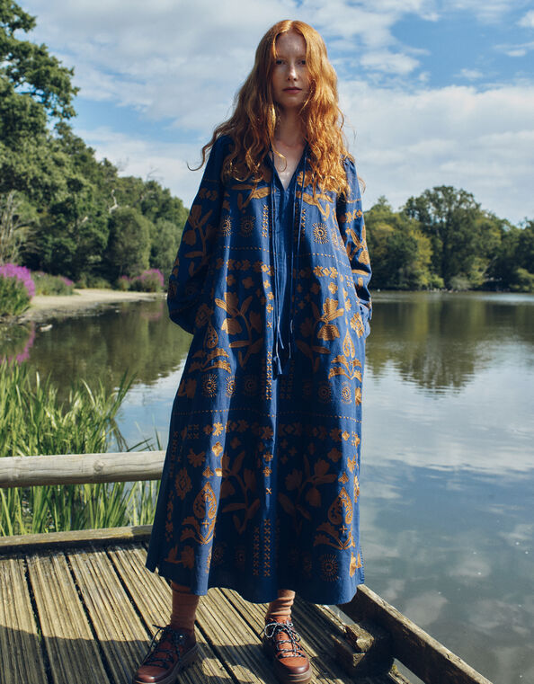 East Joseline Long Sleeve Embroidered Maxi Dress, Blue (NAVY), large