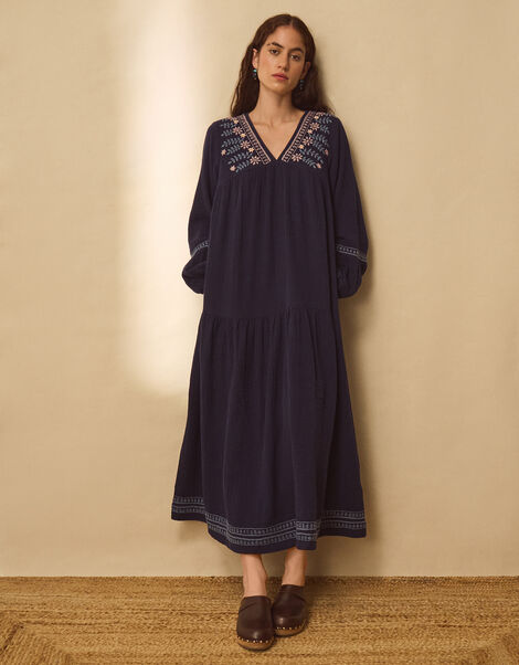 East Carita Hand-Embroidered Maxi Dress, Blue (NAVY), large