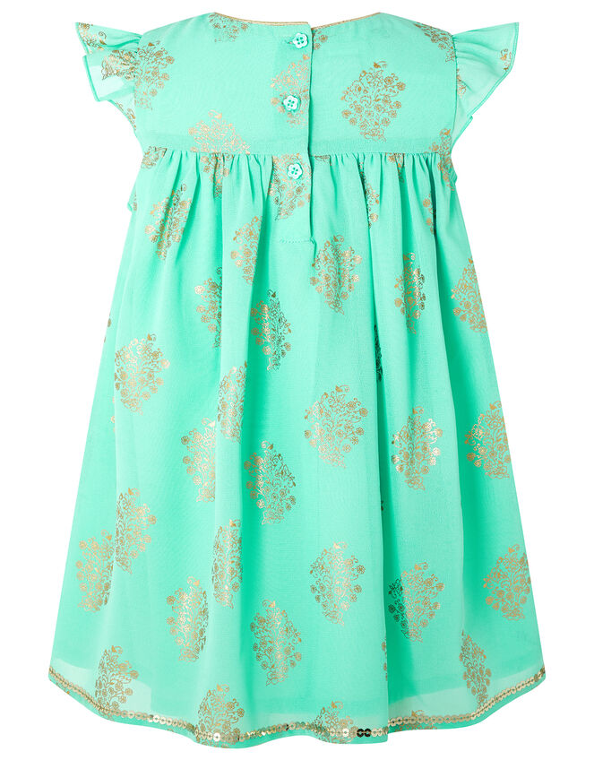 Baby Tansy Metallic Print Dress in Recycled Fabric, Blue (AQUA), large