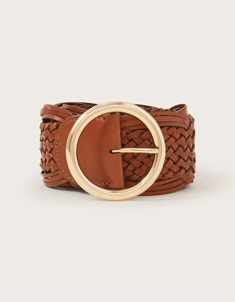 Woven Circular Leather Buckle Belt Tan, Tan (TAN), large