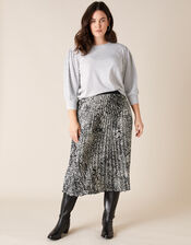 Animal Print Pleated Midi Skirt, Black (BLACK), large