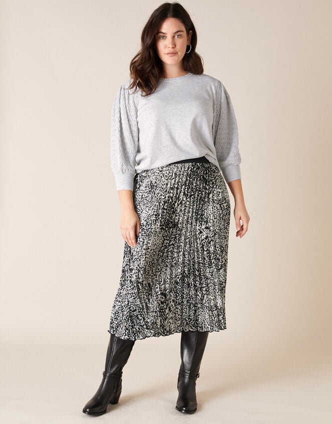 Animal Print Pleated Midi Skirt, Black (BLACK), large