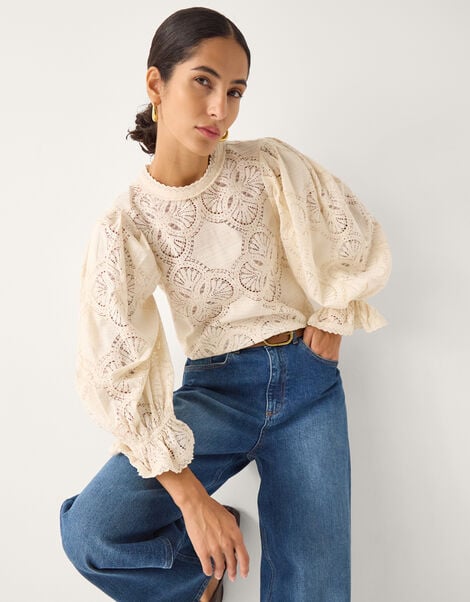 Imogen Lace Insert Blouson Blouse, Ivory (IVORY), large