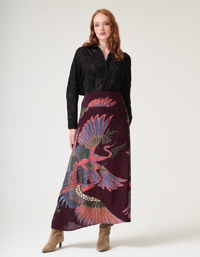 One Hundred Stars Crane Print Midi Skirt, Purple (PLUM), large