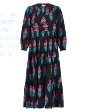 East Helena Woodblock Print Midi Dress, Black (BLACK), large